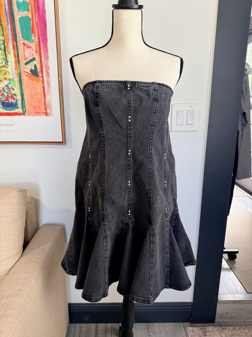 Wild Fable Strapless Black Denim Corset Studded Flare Dress L